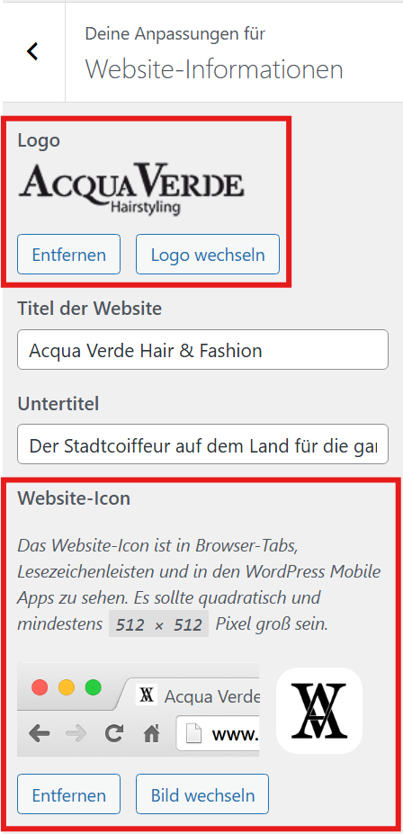wordpress customizer website informationen logo und favicon